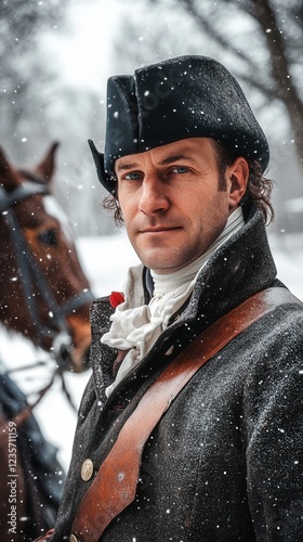 Revolutionary War soldier portrait, snowy day, horse background, historical reenactment, stock photo.