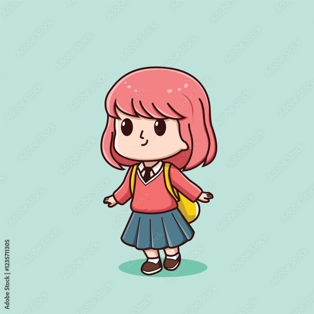 girl chibi character going to school girl chibi character going to school