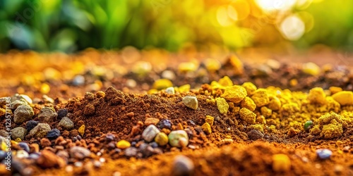 Close-up soil textures: yellow, sandy, hard rock, layered structure. photo