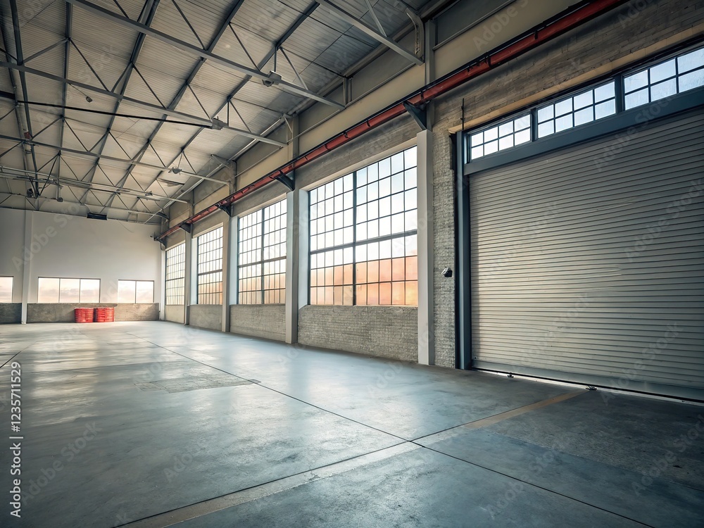 Obraz premium Tilted warehouse door, empty, a miniature landscape.