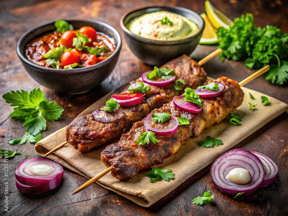 Succulent beef kebabs, vibrant cilantro, and crispy lavash with dipping sauces. Succulent beef kebabs, vibrant cilantro, and crispy lavash with dipping sauces.