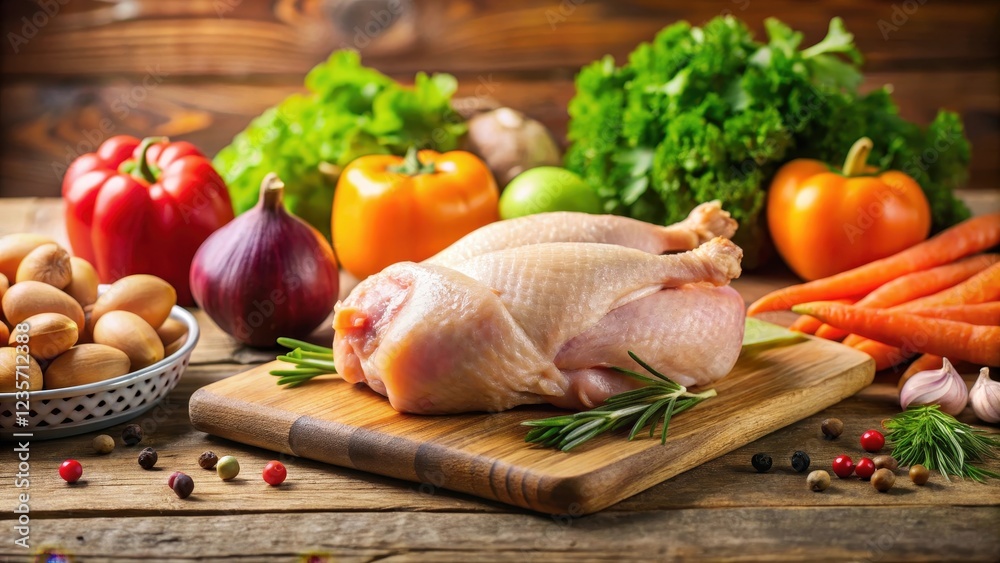 chicken choppped on wooden table with various veggies like carrots, potatoes and onions in the background, vegetable chops, fresh ingredients chicken choppped on wooden table with various veggies like carrots, potatoes and onions in the background, vegetable chops, fresh ingredients