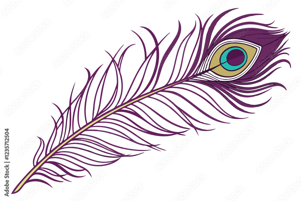 Obraz premium Photorealistic peacock feather, intricate detail, iridescent colors, purple plume, green and blue eyespot, golden brown accents, single feather, white background, high contrast, macro photography, stu