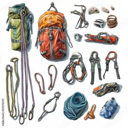 Detailed Climbing Gear Collection for Outdoor Adventure and Safety, Including Ropes, Carabiners, and Harnesses