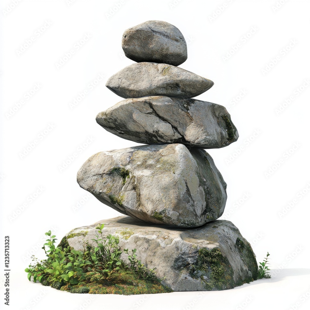 Tranquil Stone Stack on Natural Base Surrounded by Greenery for Meditation and Zen Garden Inspiration