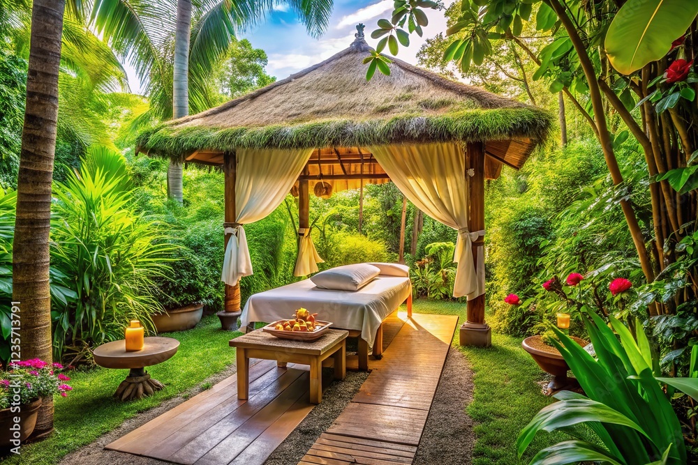 Outdoor wellness: Ayurvedic canopy massage, green oasis.