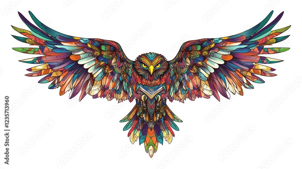 Fototapeta premium Colorful owl in flight, white background, tattoo design