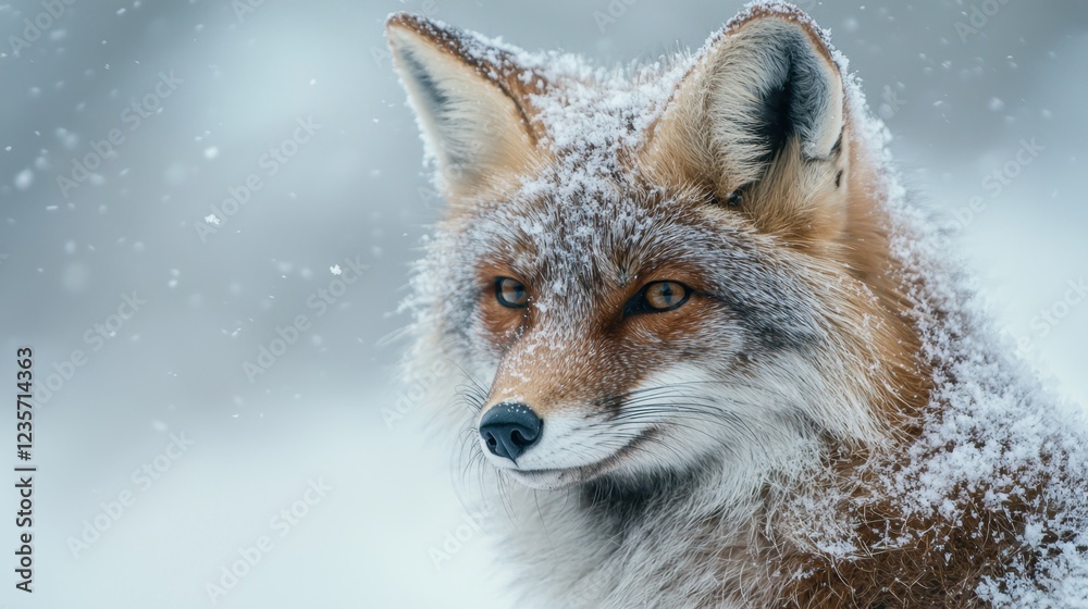 Fototapeta premium Majestic fox with snow-covered fur in a winter landscape