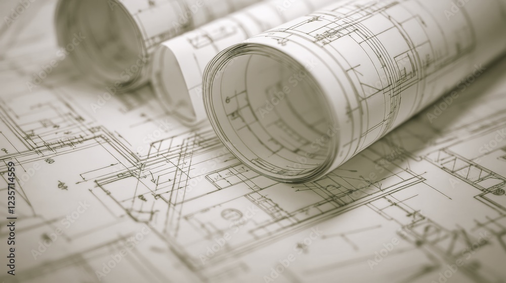 A collection of architectural plans. These plans are rolled up and unrolled, showing lines, shapes and descriptions. Details. A collection of architectural plans. These plans are rolled up and unrolled, showing lines, shapes and descriptions. Details.
