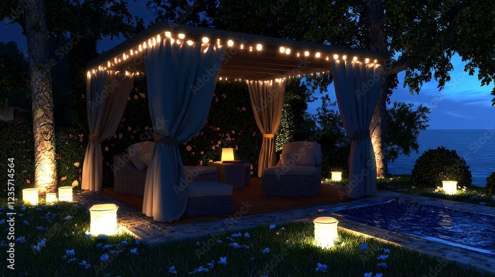 Naklejka premium Cozy Outdoor Lounge at Night with String Lights and Poolside Ambiance