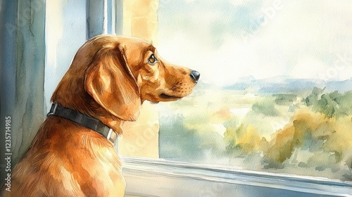 A reddish-brown dachshund sits by a window, gazing intently at a picturesque landscape beyond, captured in a serene watercolor painting style.  