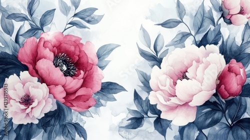 A pair of blush pink and deep crimson peonies, nestled amongst lush blue-grey foliage, create a serene and sophisticated watercolor floral arrangement.
