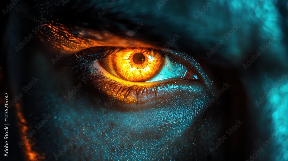 Close-up of Intense Human Eye with Striking Orange Iris and Shadow Close-up of Intense Human Eye with Striking Orange Iris and Shadow
