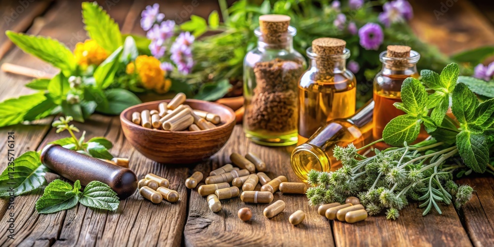 Aromatic herbs arranged in a natural way with a few capsules of herbal essence on a wooden table background