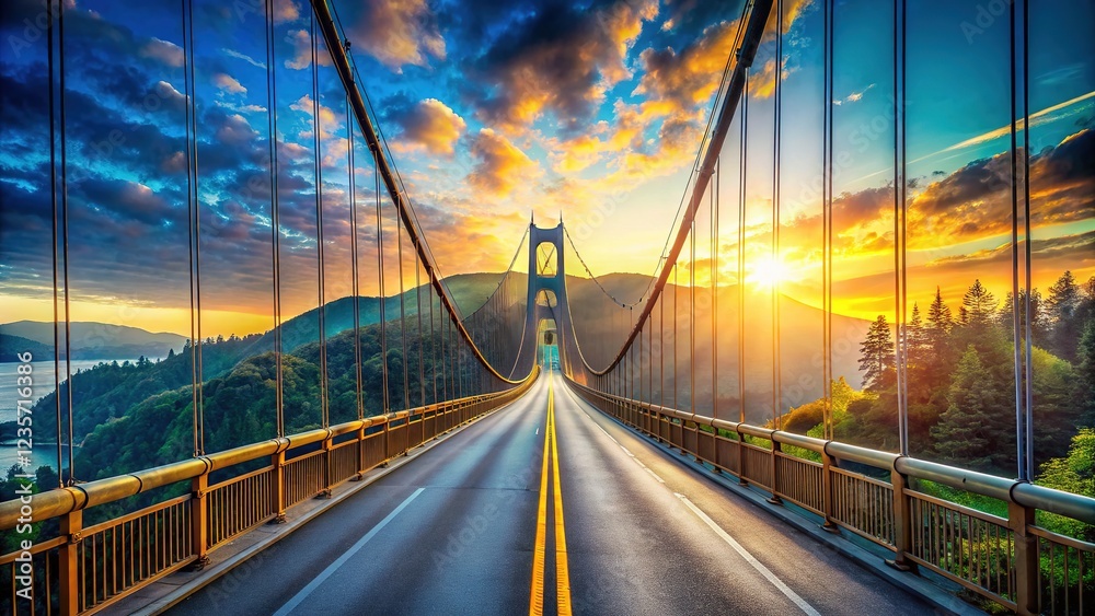 Obraz premium Empty road beneath a stunning blue sky, a soaring sun-kissed bridge.