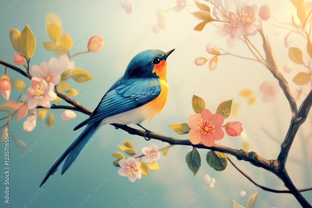 Fototapeta premium Colorful bird sings a sweet melody among blooming flowers in early spring, beautiful bird sings a spring song on a flowering tree