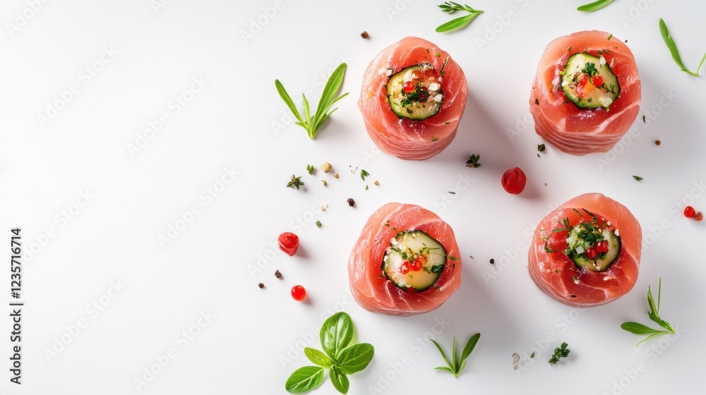 Gourmet sushi rolls with fresh ingredients arranged aesthetically on a white background Gourmet sushi rolls with fresh ingredients arranged aesthetically on a white background