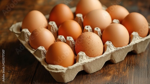 A carton of fresh, brown eggs sits on a rustic wooden table, ready for cooking or baking.  The rich color and texture of the eggs are highlighted.