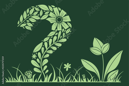 Nature-inspired typography, question mark shape made of leaves and foliage, green botanical design, eco-friendly concept, 3D plant sculpture, creative environmental message, living art installation, v