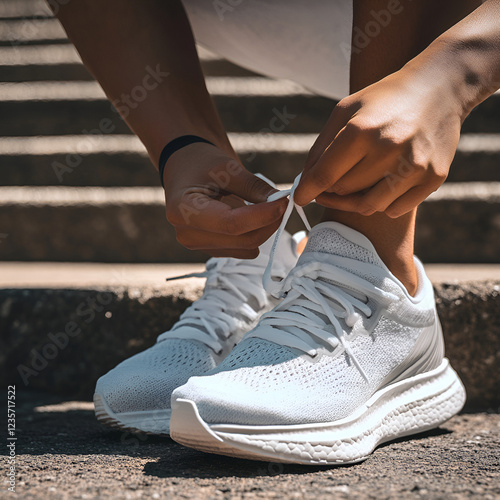 Lacing Up for Action: A close-up shot highlights hands tying the laces of modern, sleek sneakers, symbolizing readiness for movement and activity.
