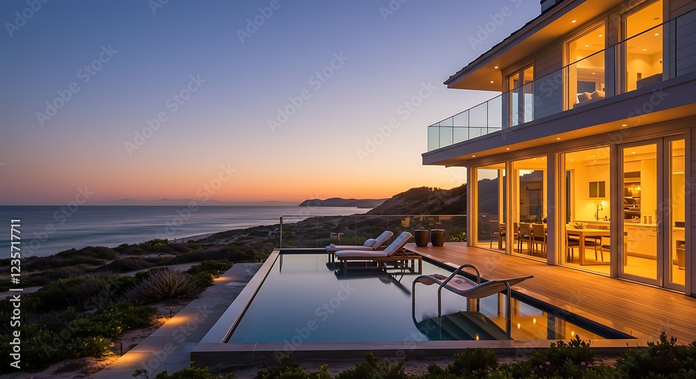 Fototapeta premium Luxury Beachfront House Sunset Poolside View