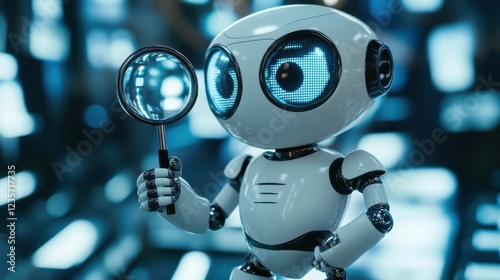 A cute, white, and blue robot holds a magnifying glass with an inquisitive expression, its large, round eyes reflecting a world of possibilities.