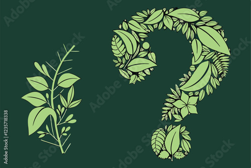 Nature-inspired typography, question mark shape made of leaves and foliage, green botanical design, eco-friendly concept, 3D plant sculpture, creative environmental message, living art installation, v