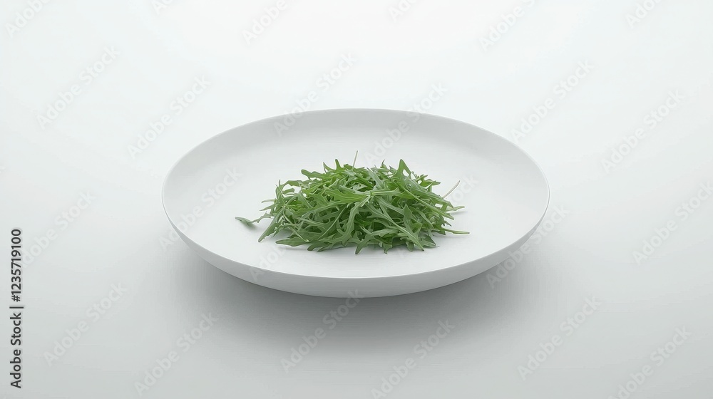 Fresh Green Arugula Leaves on White Plate Minimalistic Presentation Fresh Green Arugula Leaves on White Plate Minimalistic Presentation