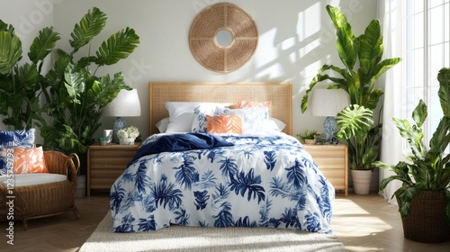Serene Coastal Bedroom with Tropical Plants and Blue Bedding