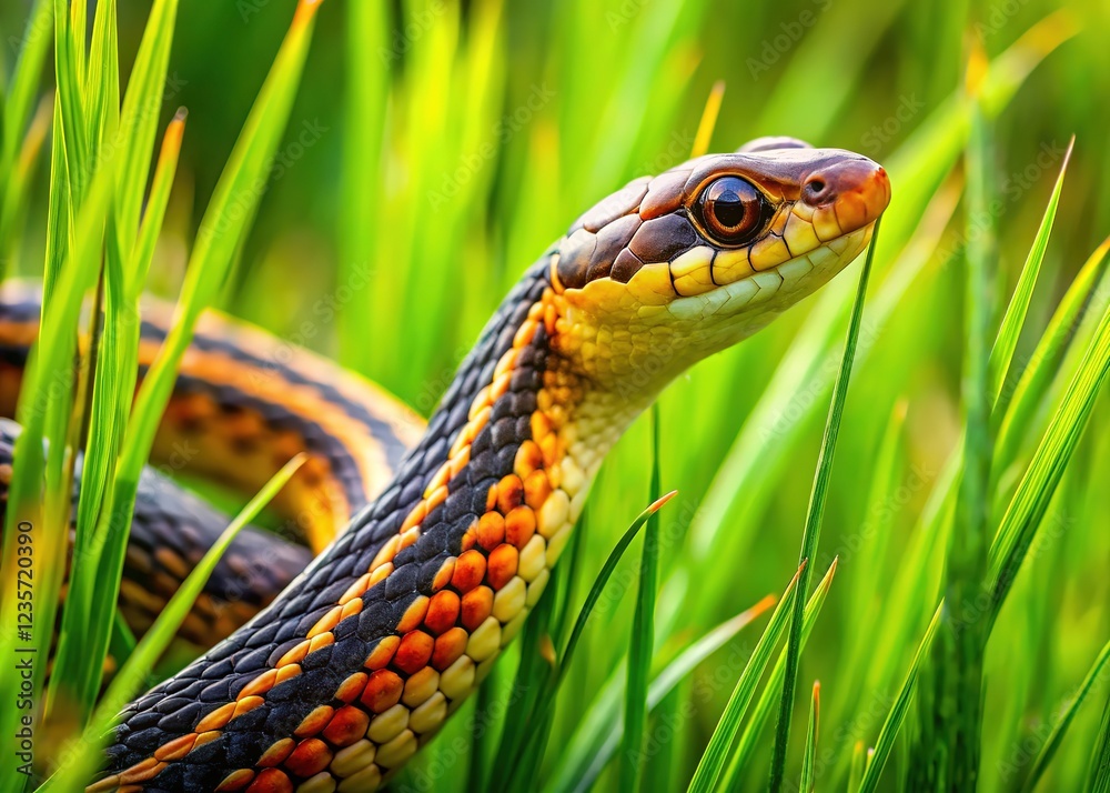 A non-venomous snake, detailed, in verdant grass. A non-venomous snake, detailed, in verdant grass.