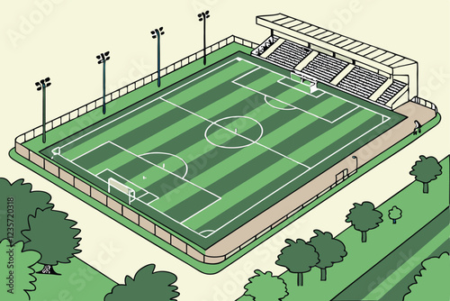 Aerial view of soccer field, vibrant green grass, white field markings, goalposts, surrounding trees, stadium seats, symmetrical layout, high contrast, crisp details, drone photography, sports venue, 