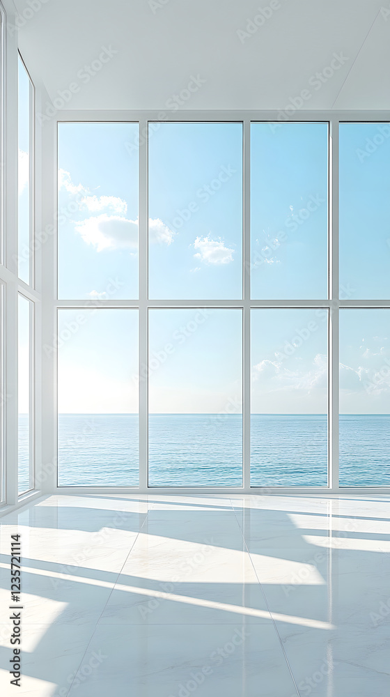 Fototapeta premium Ocean View Room with White Floor and Multi-Pane Windows