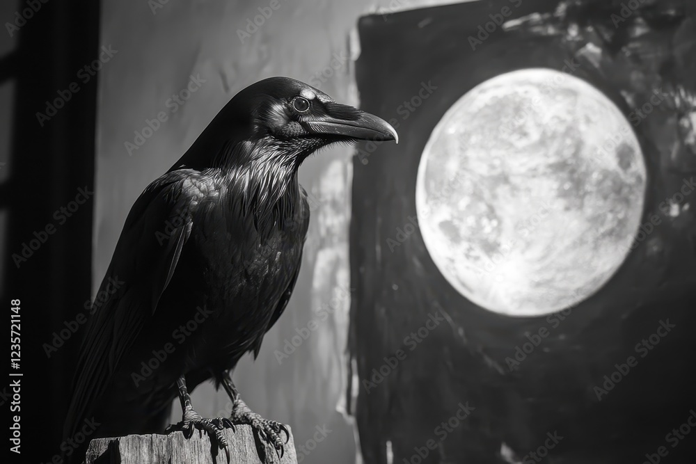 Fototapeta premium Raven perched under the glow of a luminous full moon at night, Raven illuminated by the light of a Full Moon
