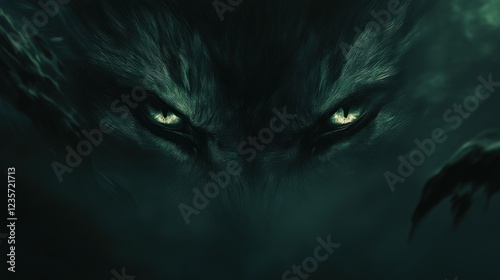 Glowing wolf eyes in dark forest, mystical fantasy art, game design