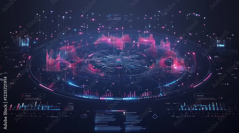 Futuristic data visualization spinning on dark screen, showing complex network Futuristic data visualization spinning on dark screen, showing complex network
