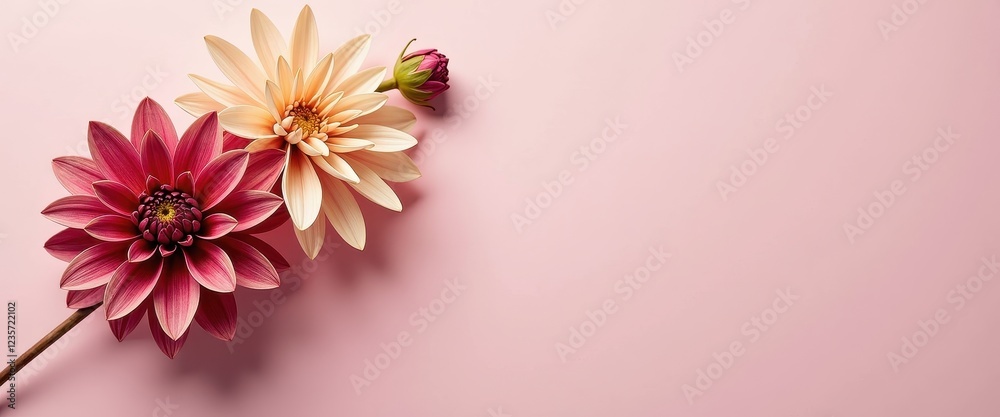 Obraz premium Vibrant Pink and White Dahlias Against Subtle Pastel Pink Background