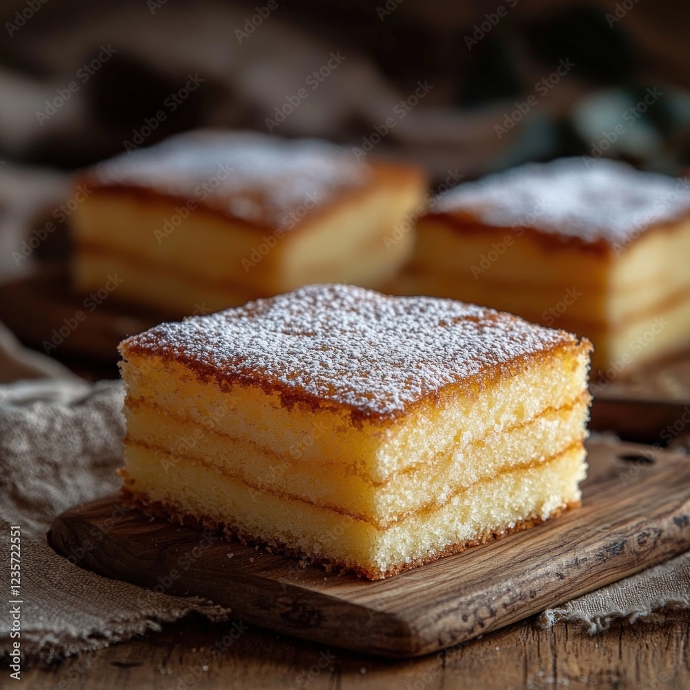 Layered sponge cake slices on wooden board, rustic setting Layered sponge cake slices on wooden board, rustic setting