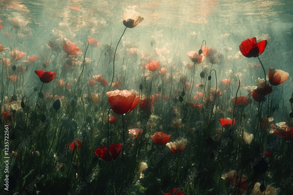 Obraz premium Poppy field swaying gently in slow motion under soft sunlight in the wild, Field of poppies in the wild Slow motion