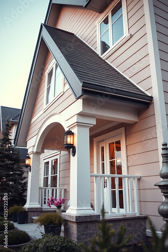 Elegant Pink House Exterior with Modern Design and Spacious Porch. Perfect Dream Home in a Luxurious Neighborhood. Ideal for Real Estate Listings. photo