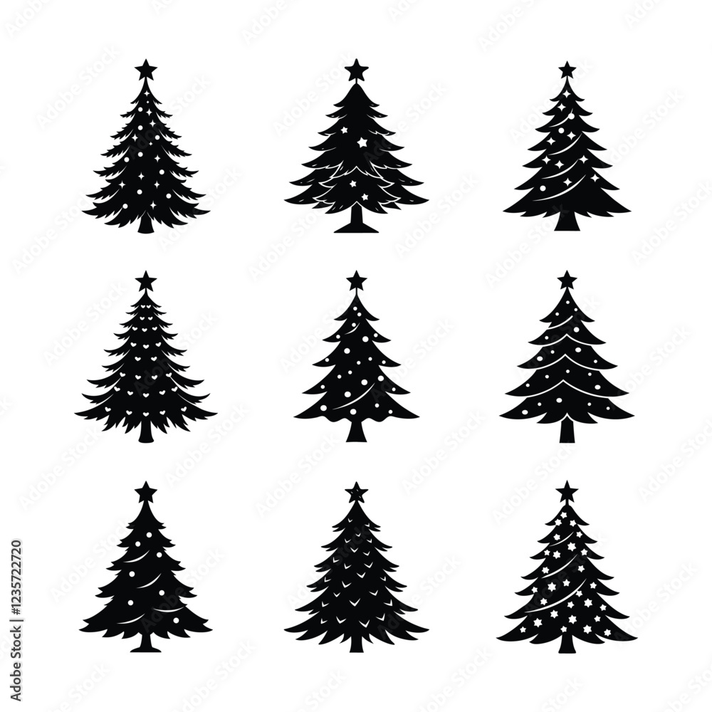 Obraz premium Set of silhouetted Christmas tree vector art.