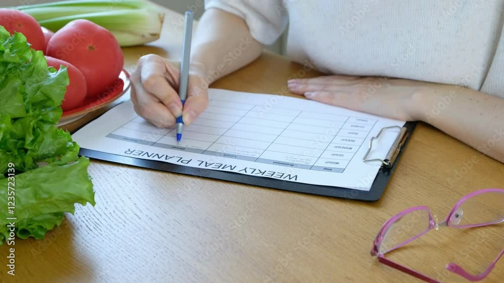 a woman writing schedule of weekly meal planner with fruit and vegetable on desk