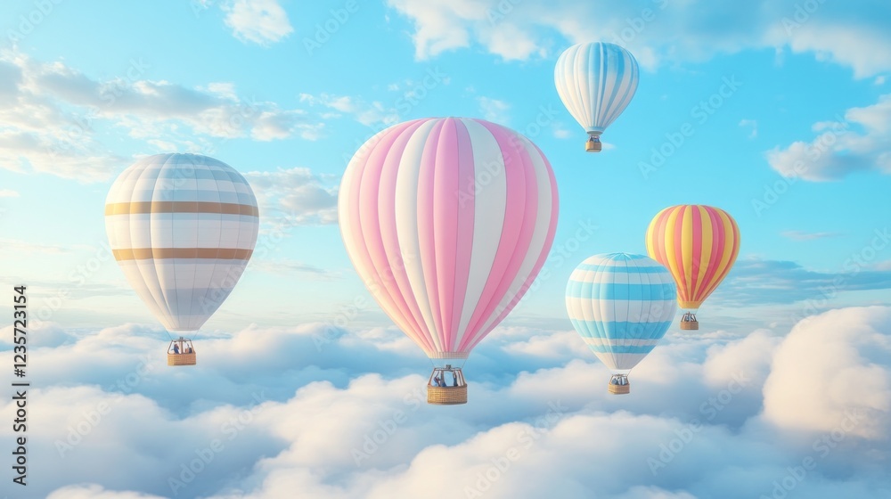 Colorful hot air balloons soar above clouds at sunrise; travel, adventure concept Colorful hot air balloons soar above clouds at sunrise; travel, adventure concept