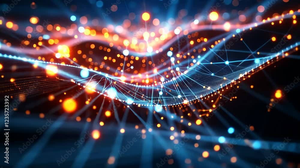 Dynamic flow of illuminated abstract waves with vibrant particles in motion