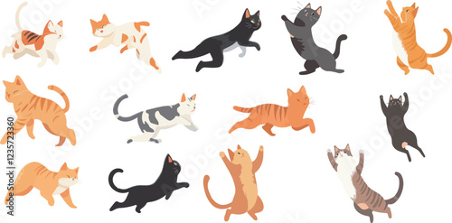 Collection of vector flat illustrations of colorful cats with child expressions, jumping, sitting and dancing. Suitable for graphic designs, t-shirts, posters or pet-themed visual elements.