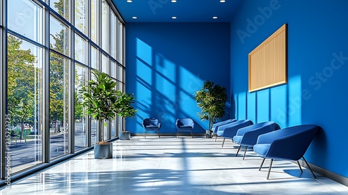 Modern blue lobby with city view. photo