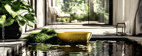 Serene Yellow Bowl in a Tranquil Garden Setting Realistic Image