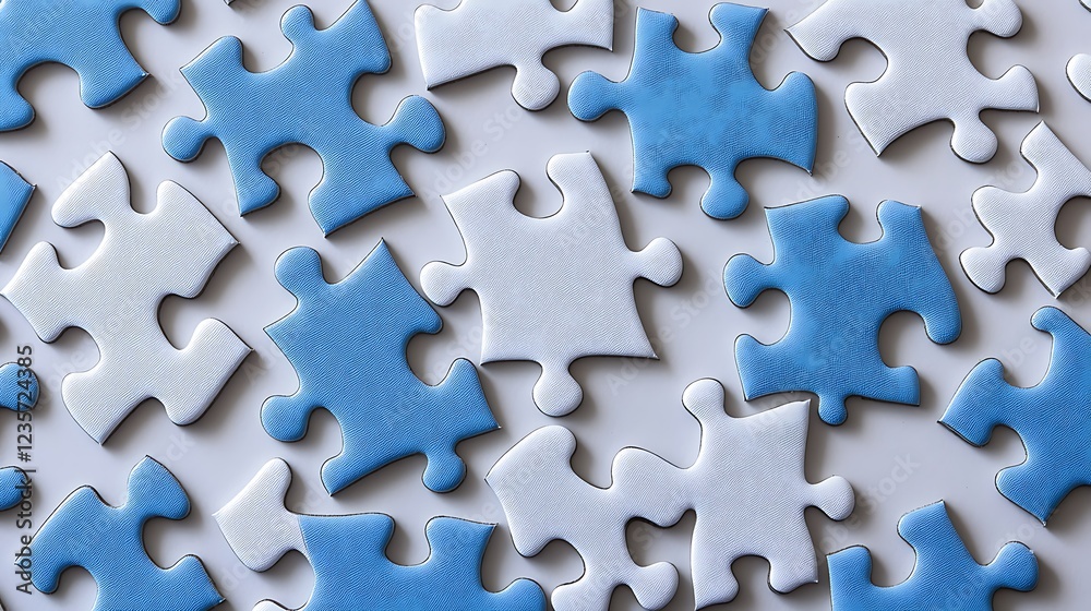 minimalist jigsaw puzzle pieces in white and blue with conceptual meaning