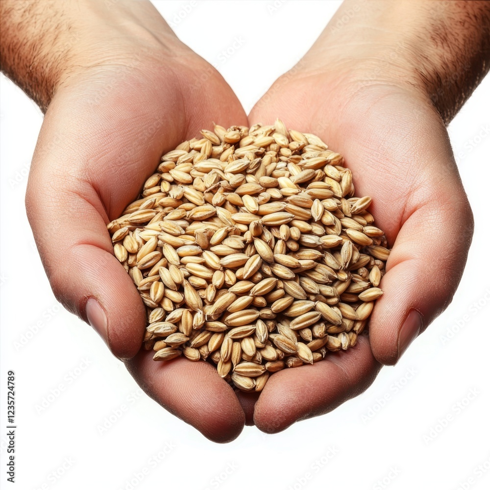 Hands Holding a Heap of Raw Oats with a Focus on Texture and Natural Color in a Bright Background Hands Holding a Heap of Raw Oats with a Focus on Texture and Natural Color in a Bright Background