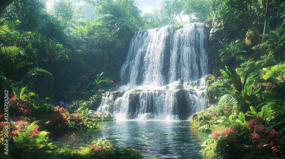 Waterfall cascading through lush greenery in a dense jungle with abundant tropical plants and natural surroundings Waterfall cascading through lush greenery in a dense jungle with abundant tropical plants and natural surroundings