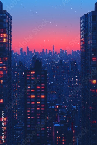 Vibrant urban skyline at dusk with illuminated towers and fading sunset
